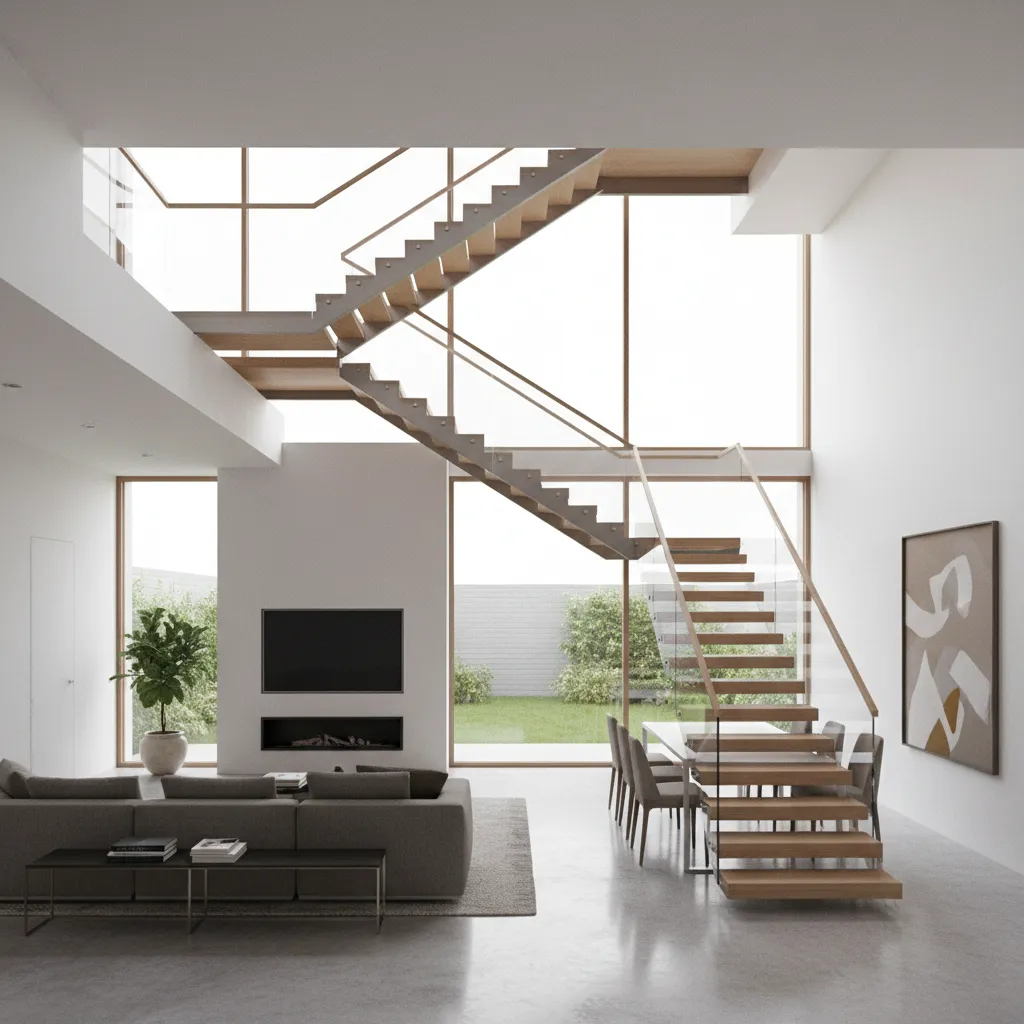 Modern house interior with centrally placed staircase improving circulation
