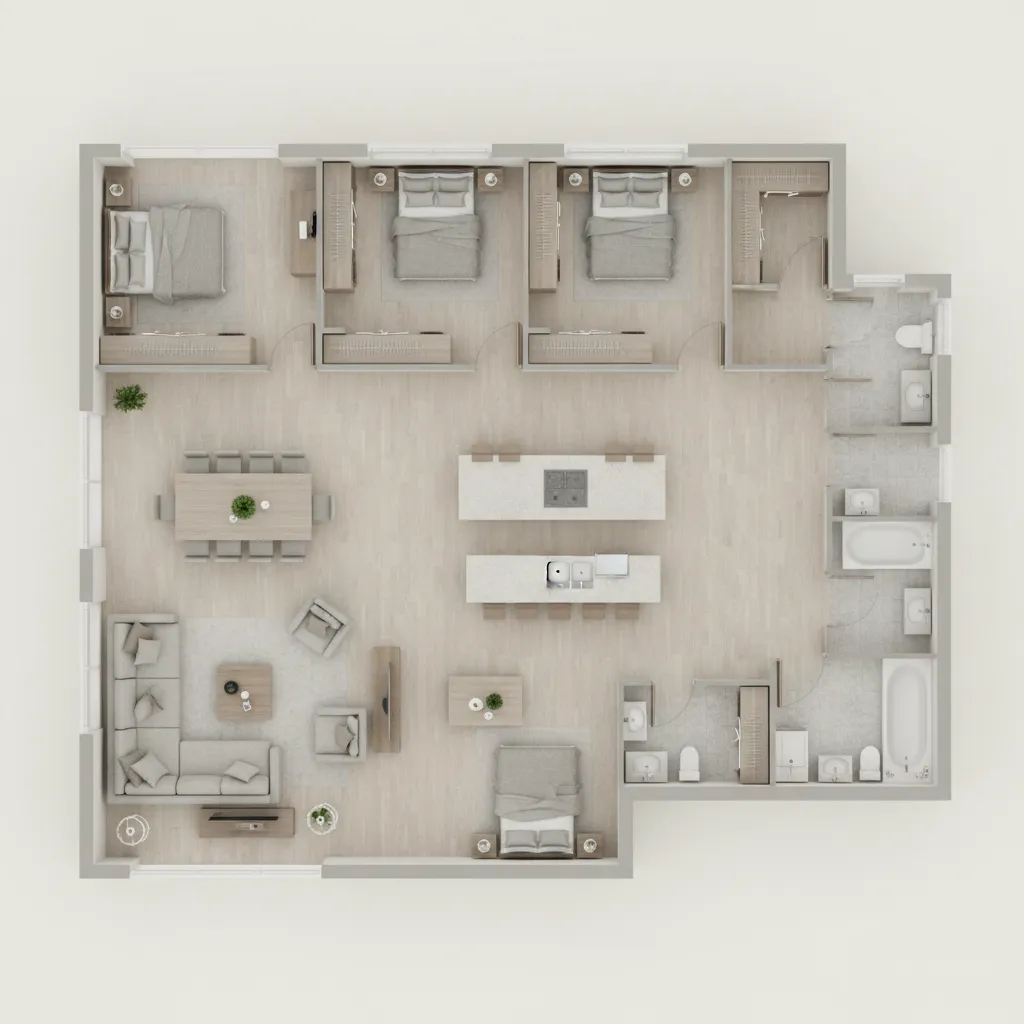 Rectangular 2400 sq ft house layout showing efficient hallway and room flow