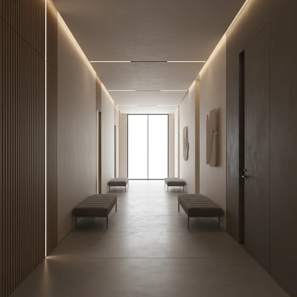 Rectangular house interior showing dark central corridor and limited daylight