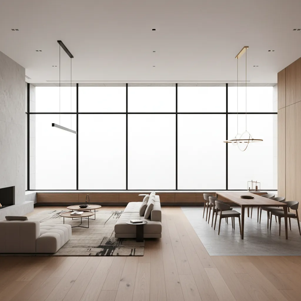 Rectangular house interior showing strong daylight from multiple windows