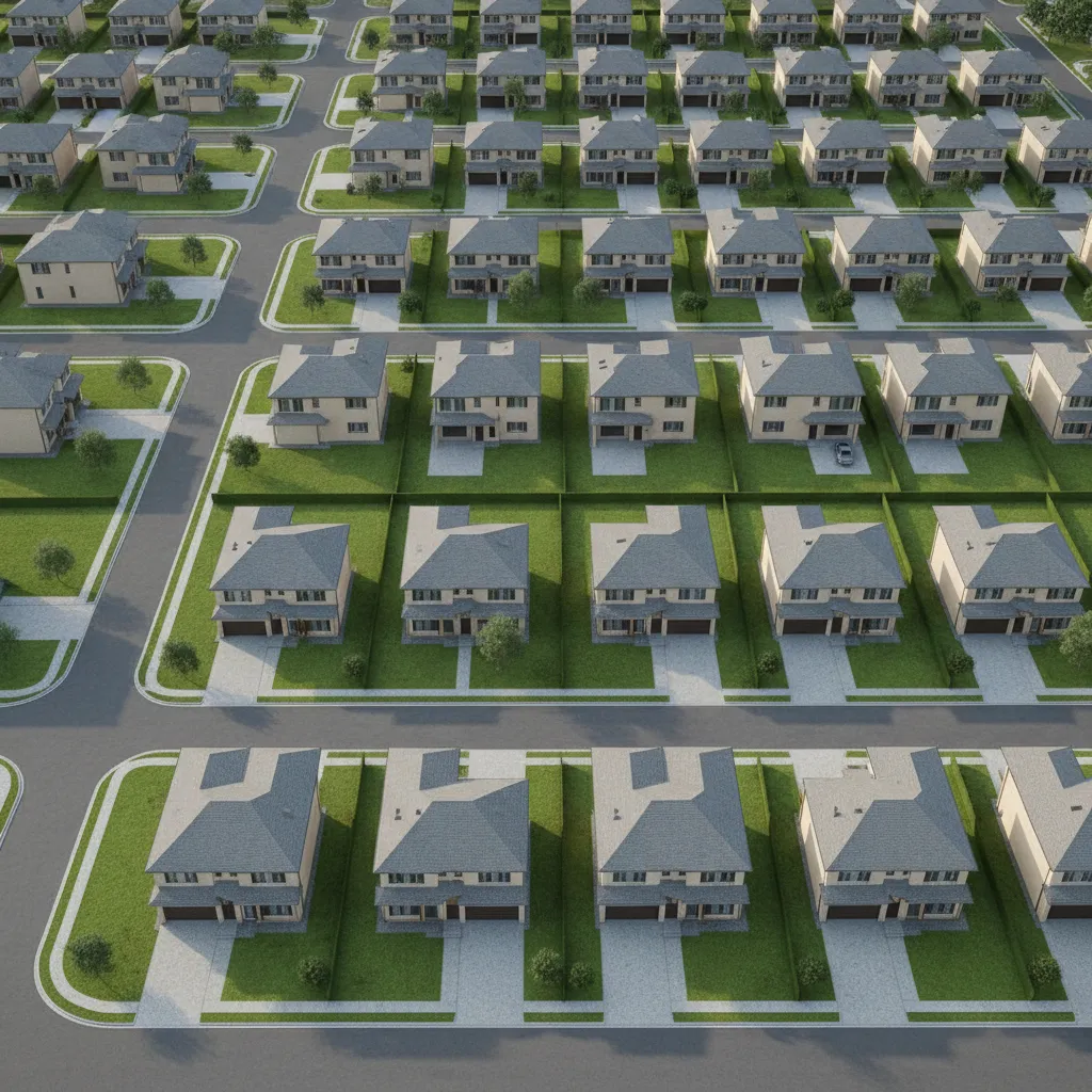 Suburban subdivision with consistent rectangular house footprints