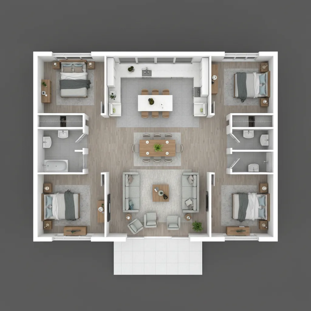 Improved rectangular house plan with central living hub and better circulation