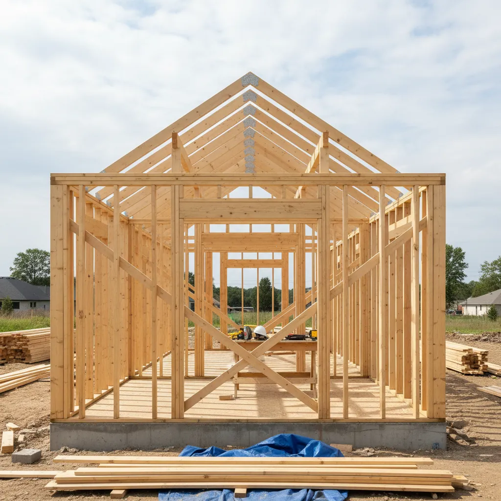 wood framing of rectangular house under construction showing simple structure