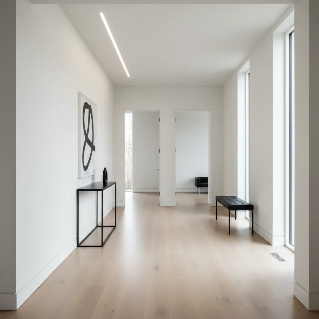 pasillo corto y funcional dentro de una casa rectangular moderna