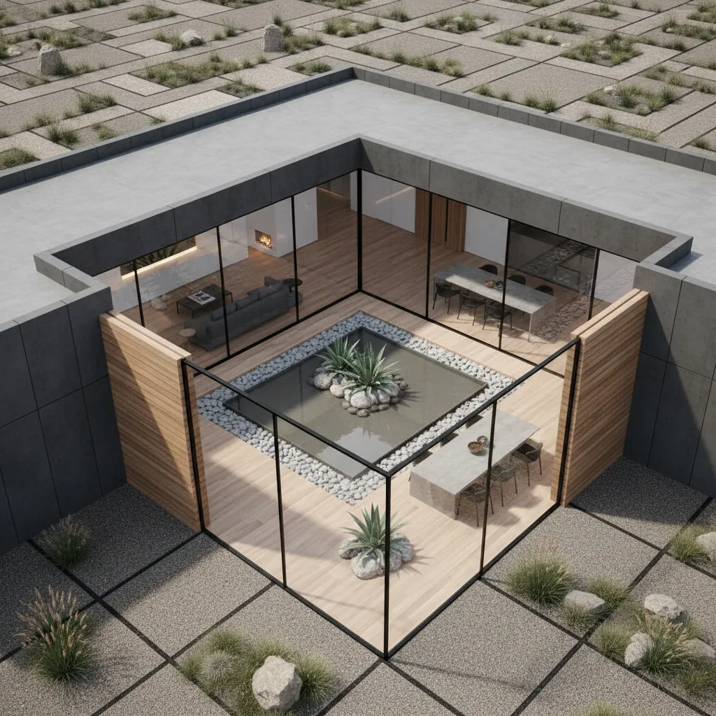 Modern rectangular house with central courtyard bringing light into interior
