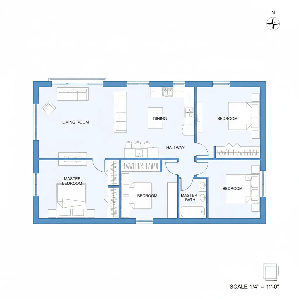 plano arquitectónico de una casa rectangular con distribución clara