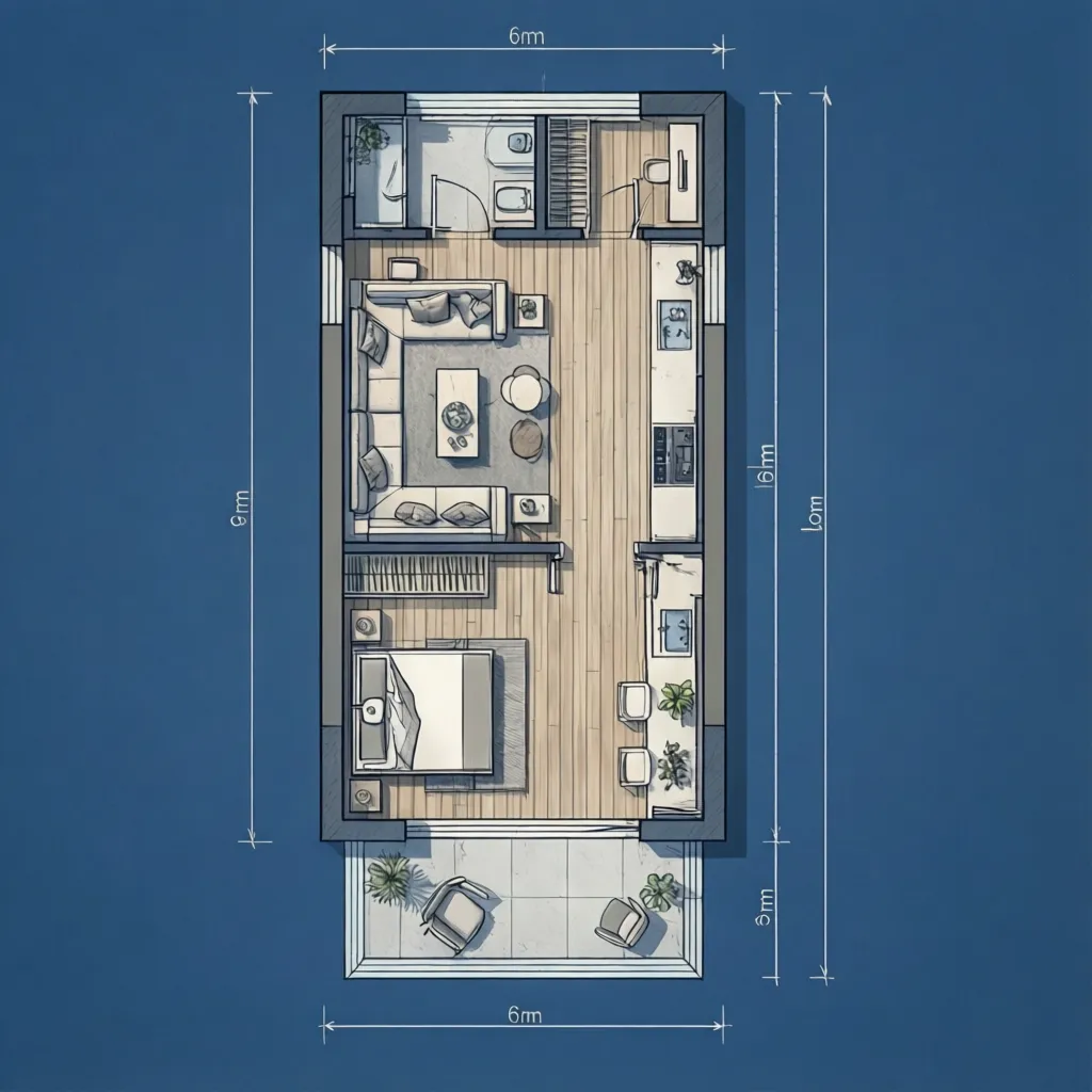 Plano de distribución de una casa rectangular de 6 metros de ancho