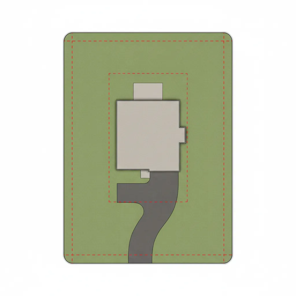Diagram style visualization of rectangular home footprint fitting standard suburban lot