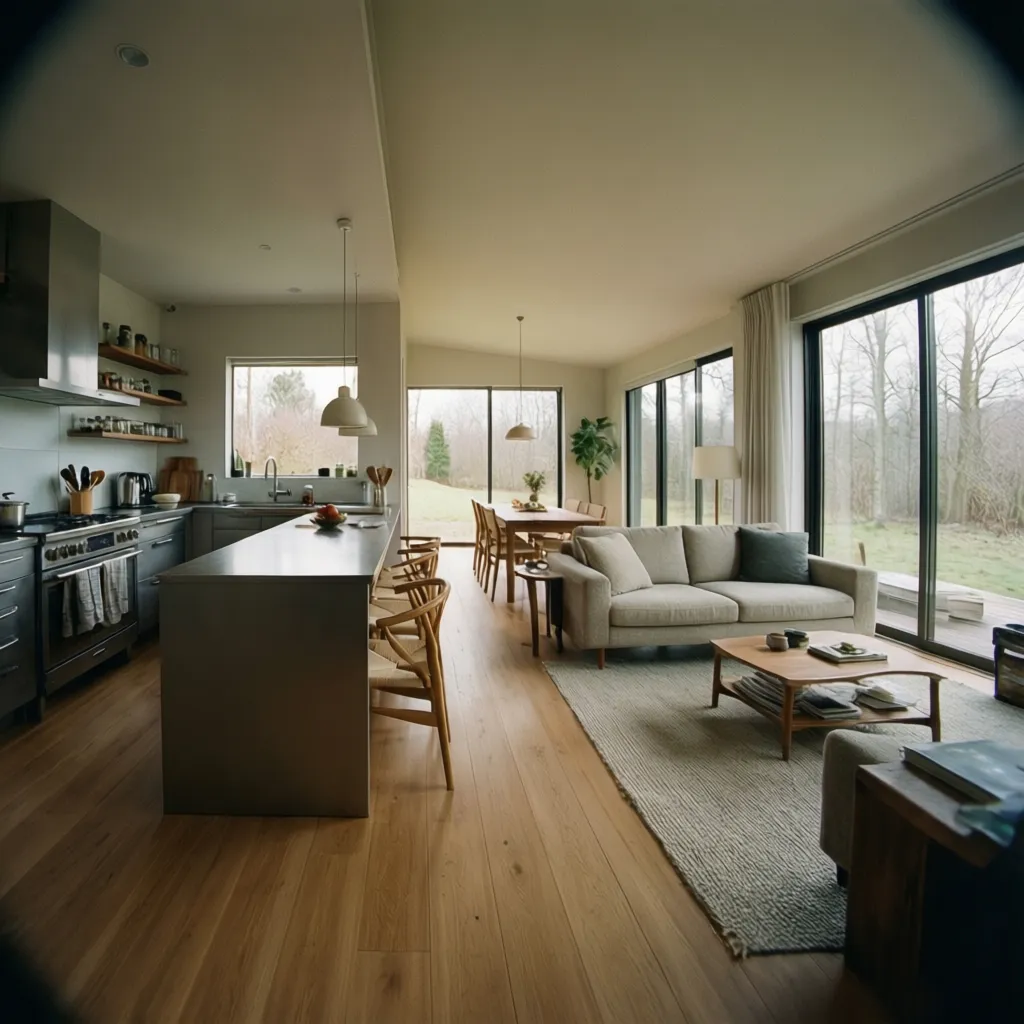 interior abierto de casa rectangular con salón comedor y cocina alineados