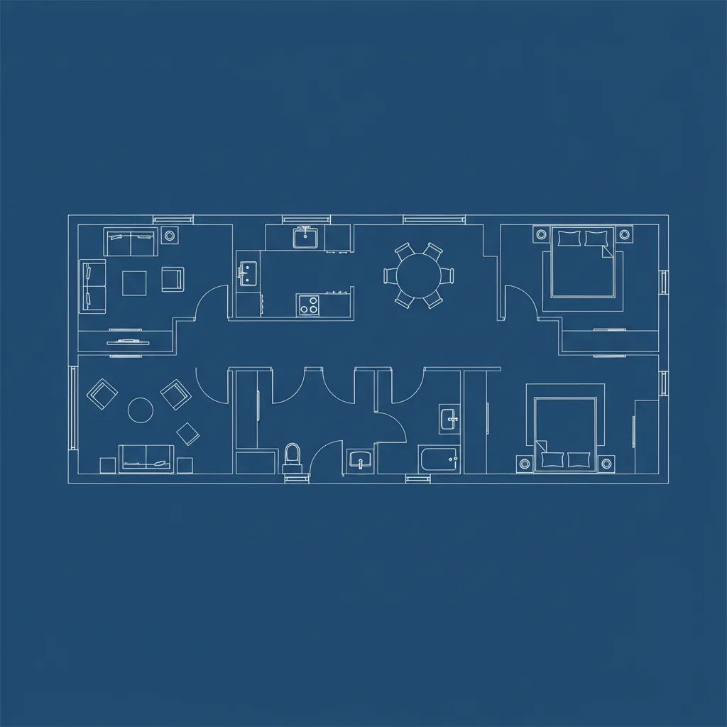 Plano rectangular de vivienda pequeña eficiente