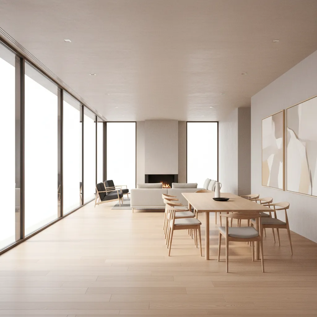 Interior view of a modern rectangular house layout with open living and dining area