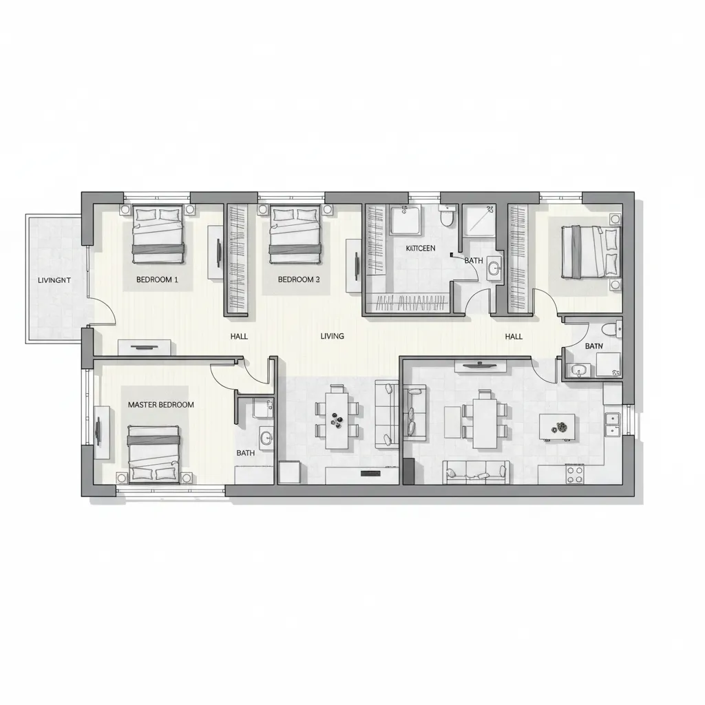 Architectural floor plan showing long hallway problem in rectangular home