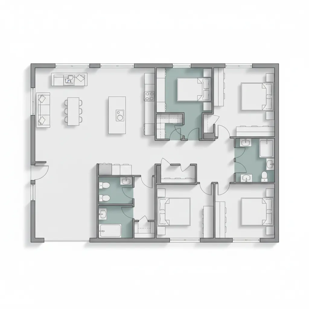 2400 sq ft rectangular house floor plan showing organized room zones
