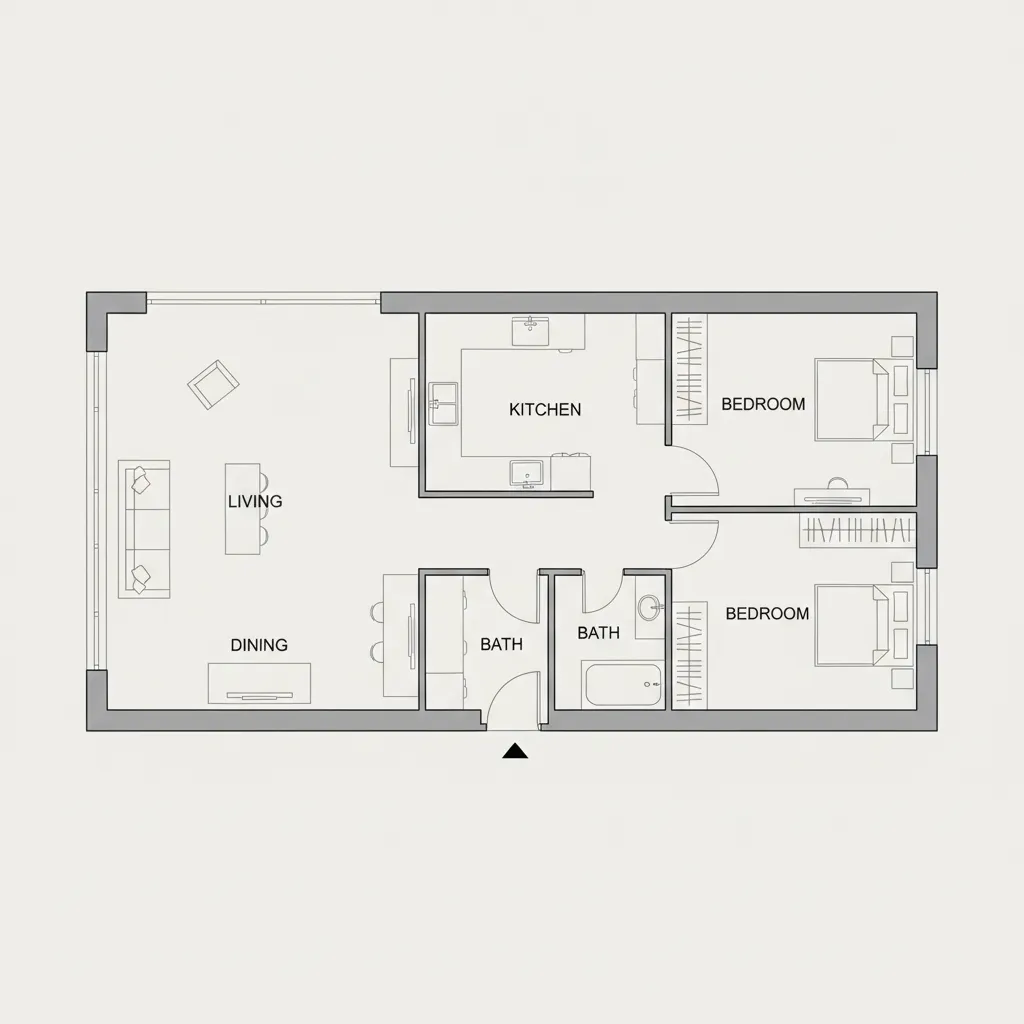 Architectural zoning diagram showing front living middle kitchen and rear bedroom layout