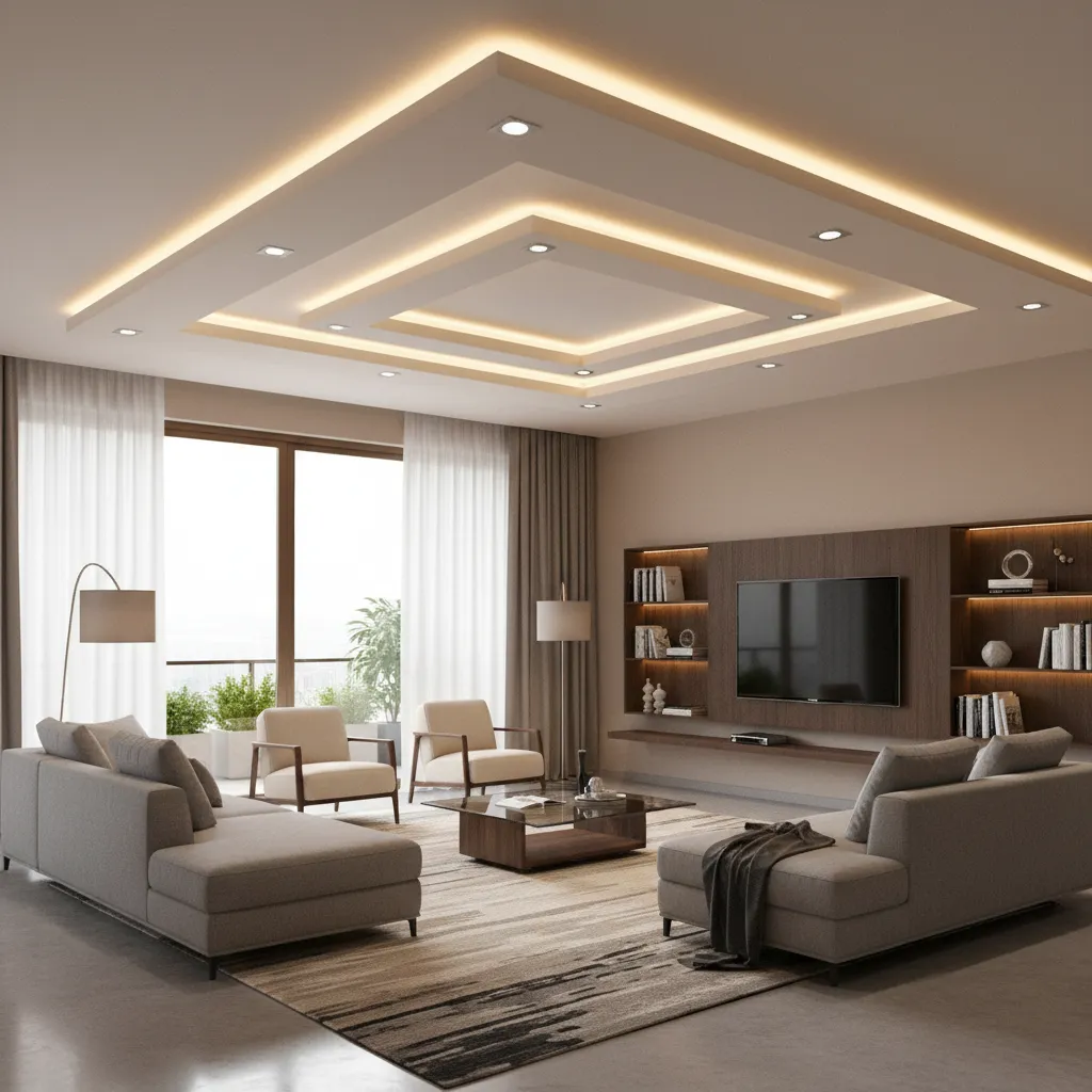 Modern living room with layered rectangular POP ceiling design