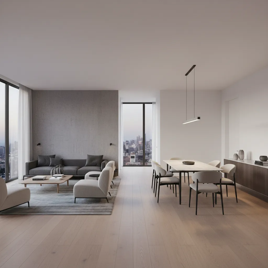 Rectangular living dining layout in an Indian apartment floor plan style