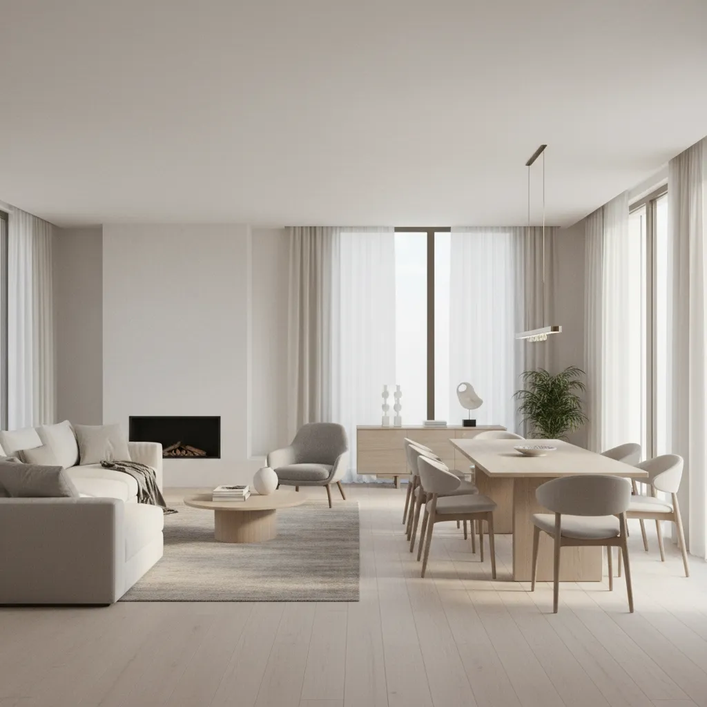 Long rectangular living dining room layout showing two functional zones