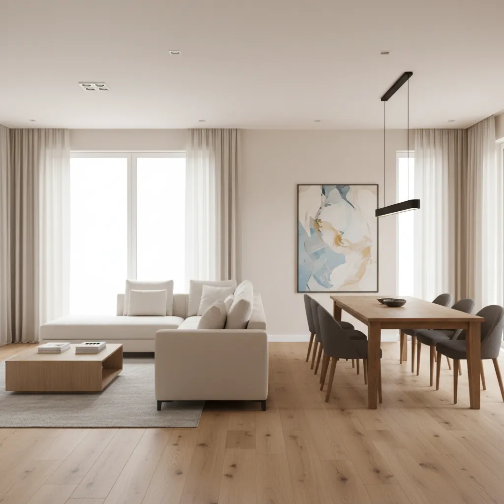 rectangular living dining room clearly divided into sofa seating zone and dining area