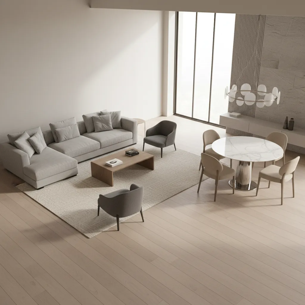 Rectangular living dining room divided into sofa lounge and dining zones