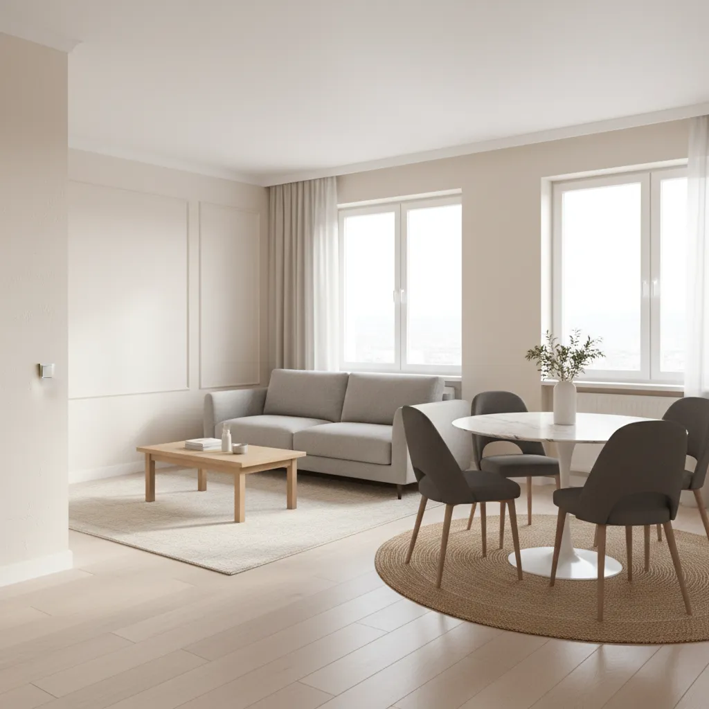 Rectangular 22 x 13 living dining room divided into sofa seating area and dining zone