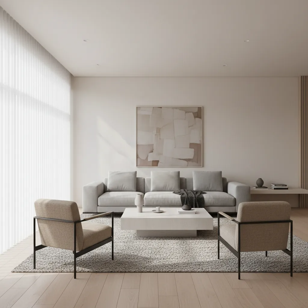 Example of a rectangular 21 x 12 living room with balanced seating layout