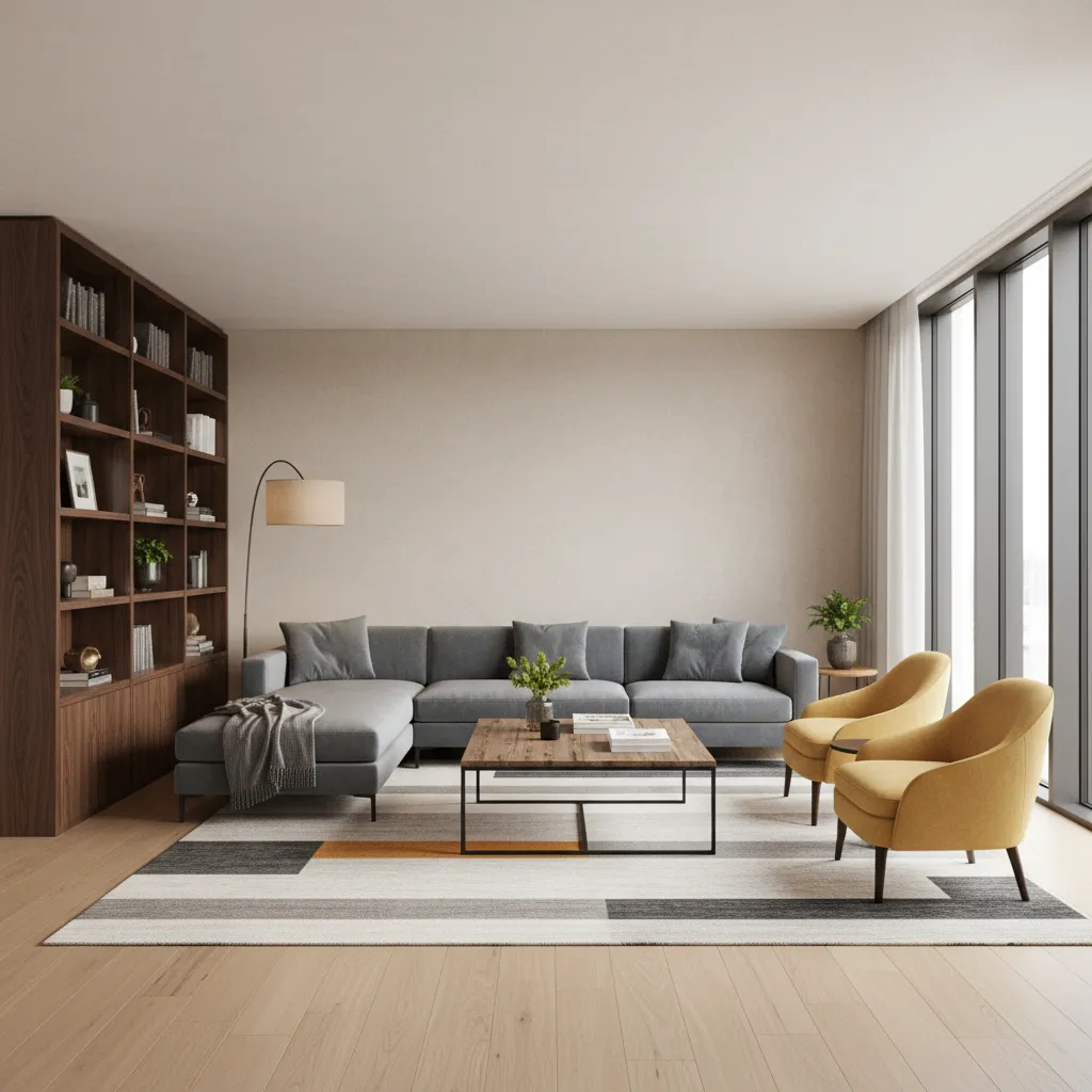 rectangular living room balanced furniture layout with sofa chairs and rug