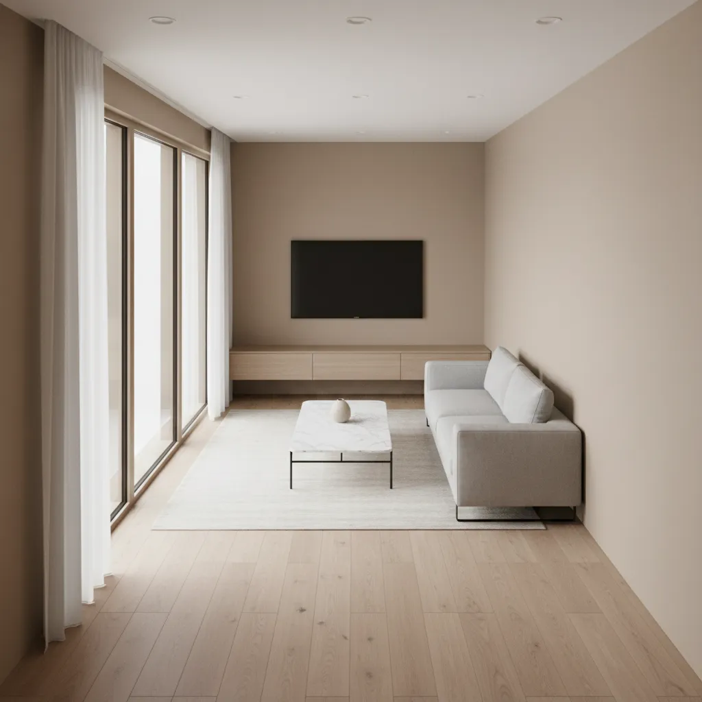 simple rectangular 9 x 18 living room layout with sofa and coffee table