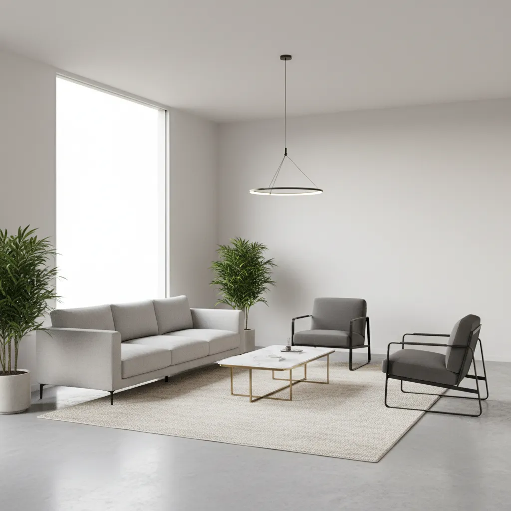 Furniture layout in a rectangular living room with seating arranged perpendicular to the room length