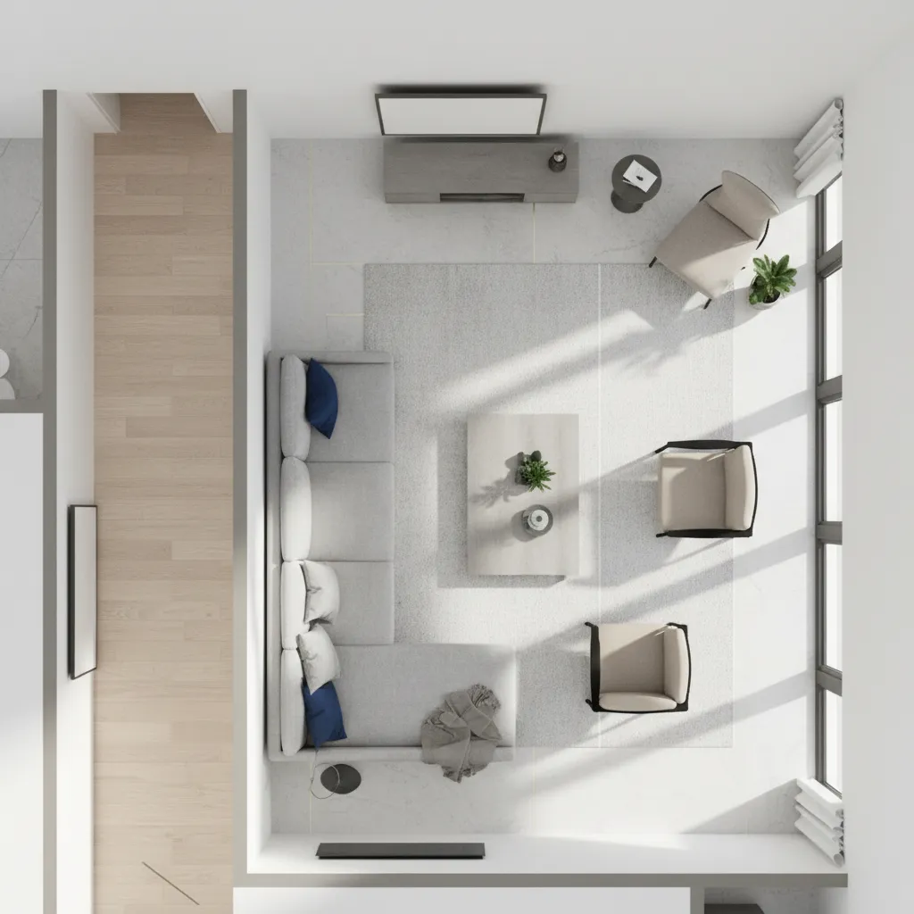 top view layout plan of furniture placement in a narrow living room