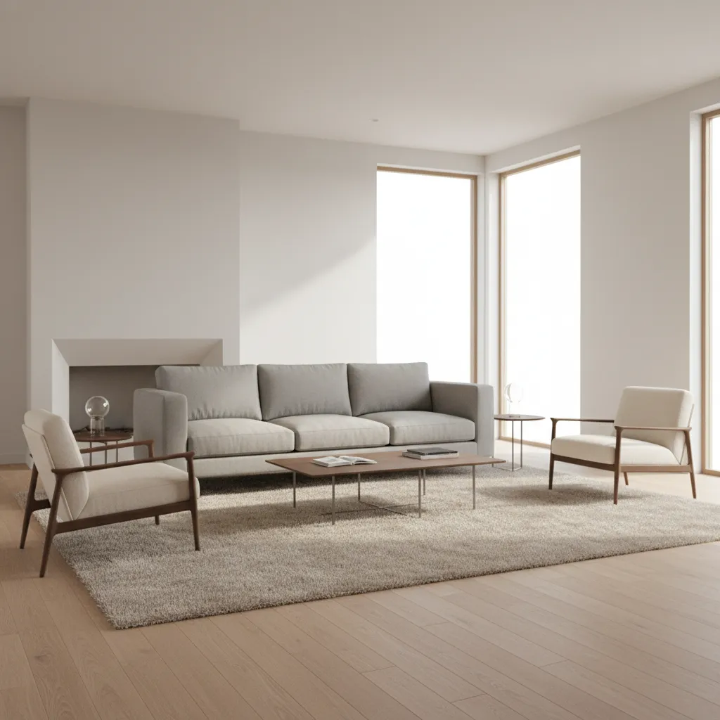 furniture arrangement showing sofa facing chairs in rectangular living room layout