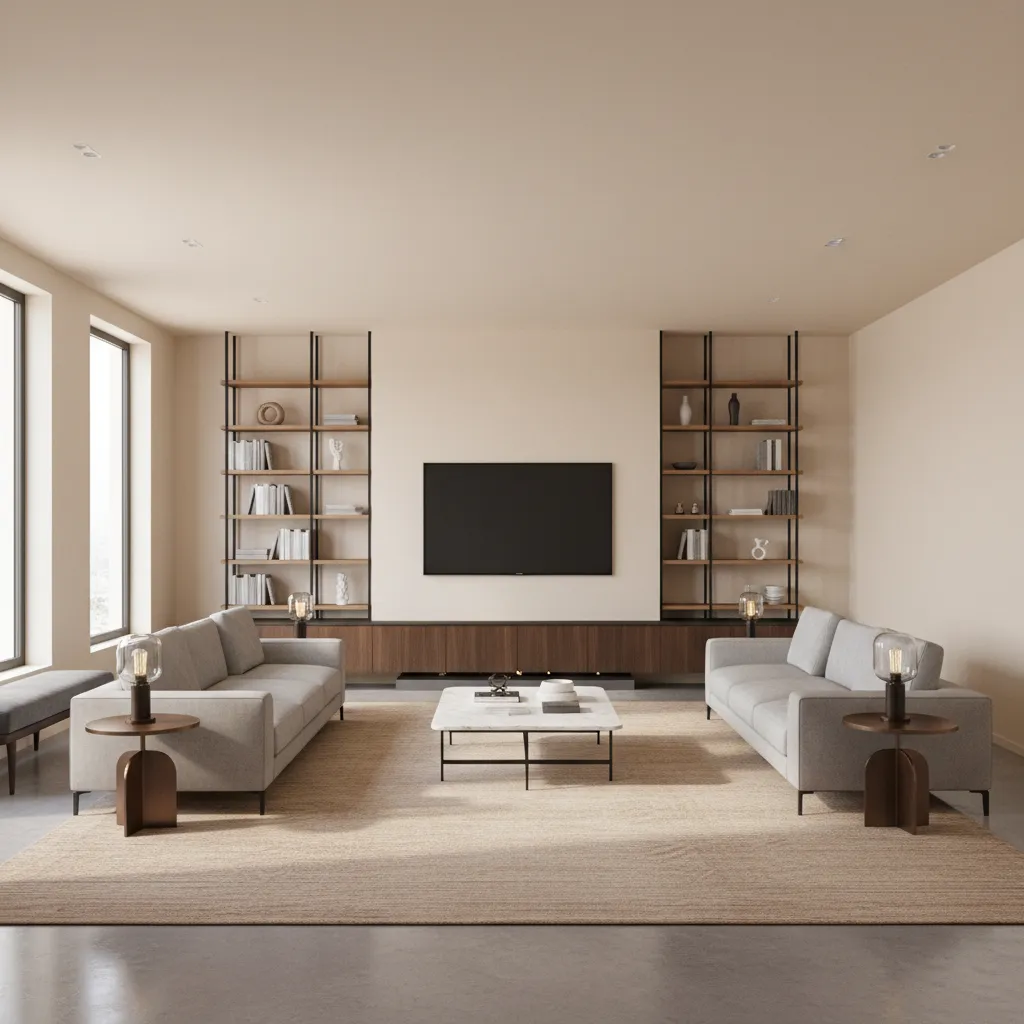 rectangular living room with symmetrical furniture arrangement and straight walls