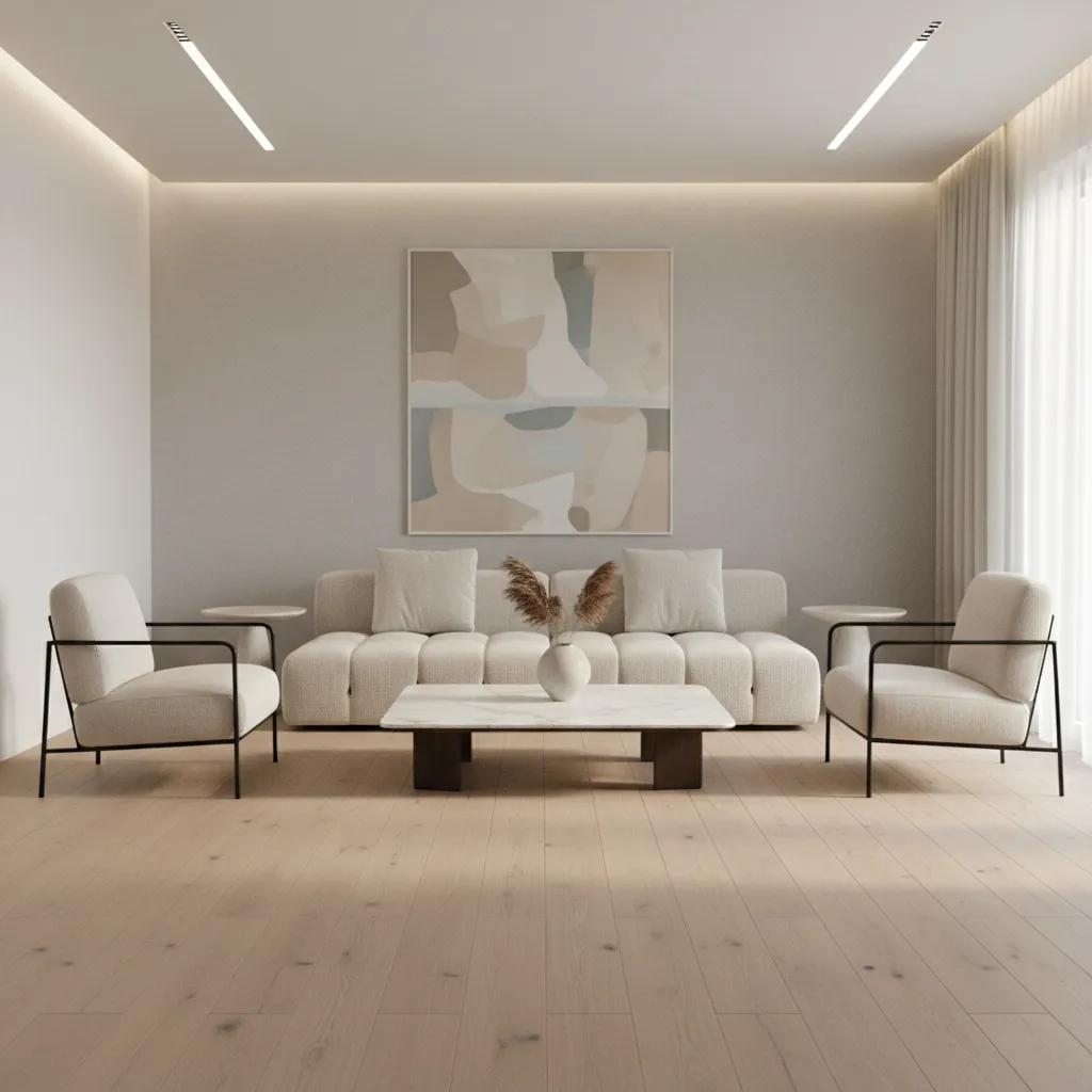 rectangular living room layout showing balanced seating arrangement