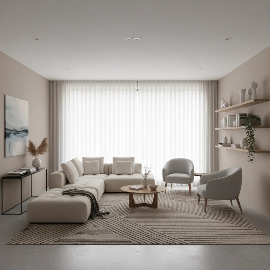 Stylish rectangular living room layout with sofa and chairs forming a central seating area