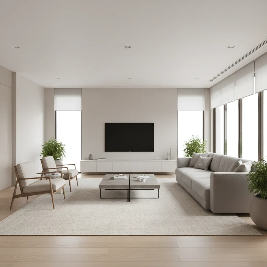 Large rectangular living room layout showing sofa chairs and rug arrangement