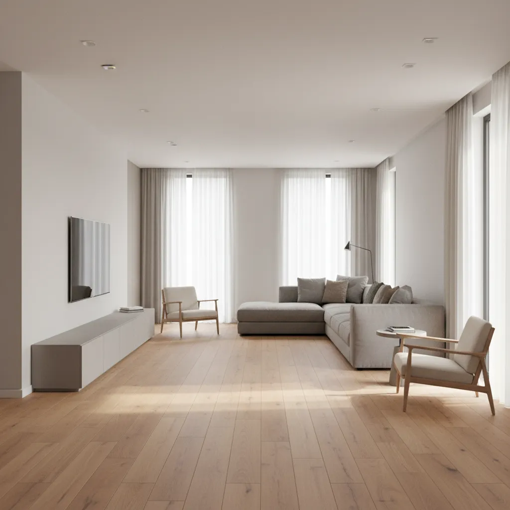 Long rectangular living room with furniture pushed against walls showing empty center space