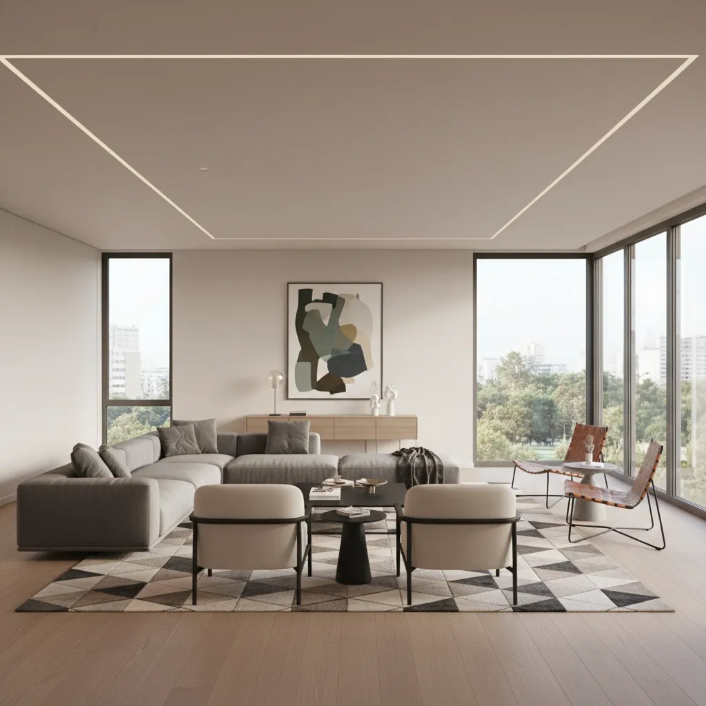 Large rectangular living room divided into seating zones with sofas chairs and rugs