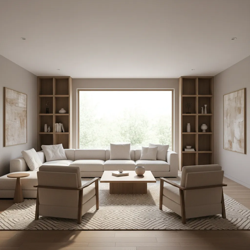 Stylish rectangular living room with central seating area and balanced layout