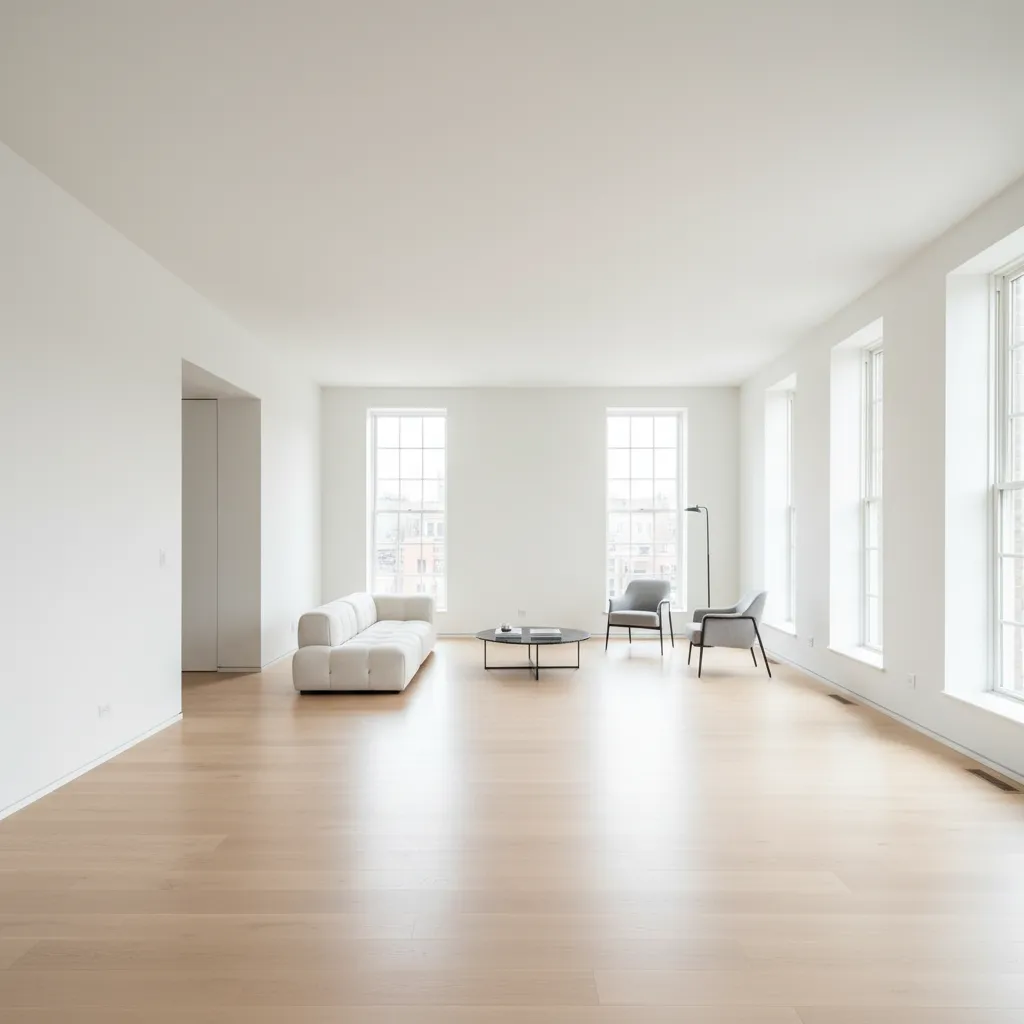 Long rectangular living room showing spatial proportions and circulation