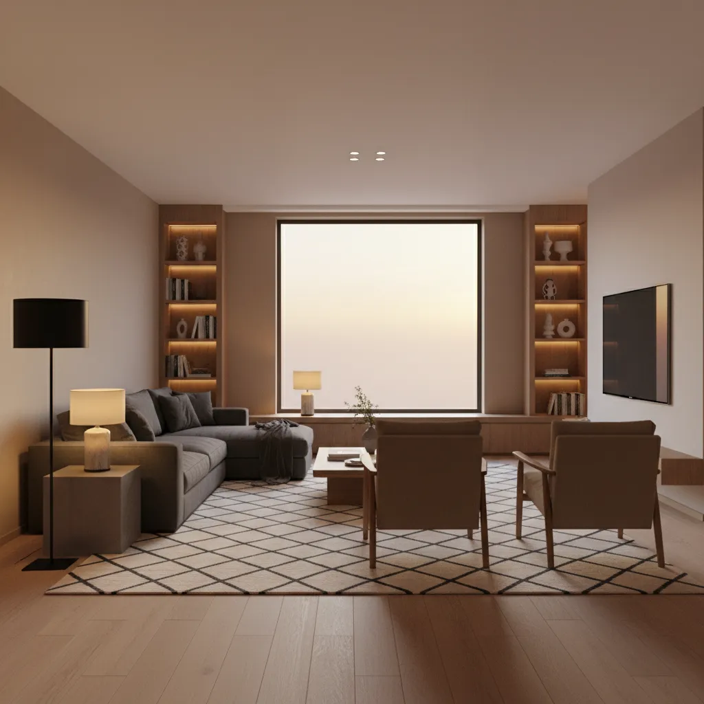 rectangular living room showing rug orientation and layered lighting design