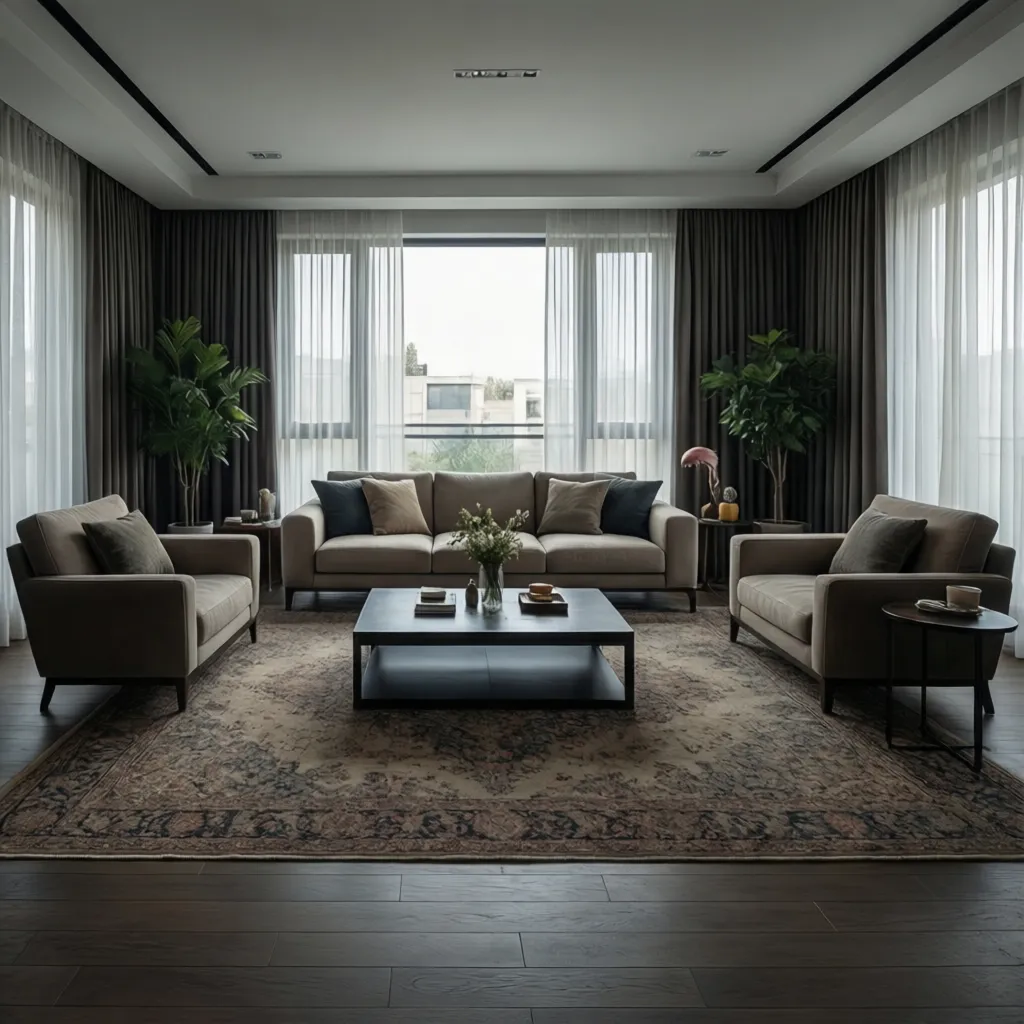 Furniture arranged perpendicular in rectangular living room layout