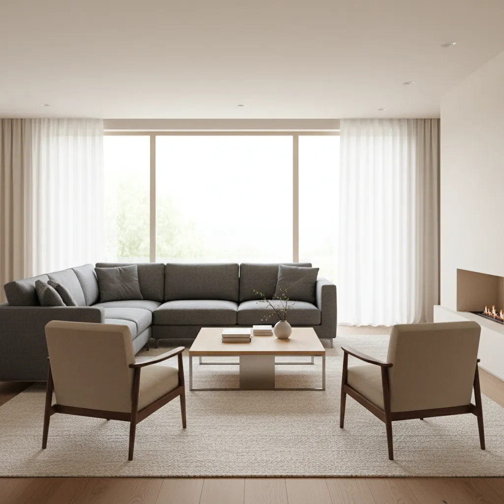 Rectangular living room with central seating arrangement and sofa with two chairs