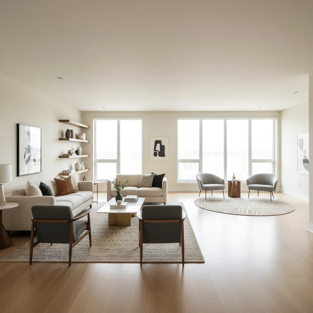 Rectangular living room divided into two seating zones