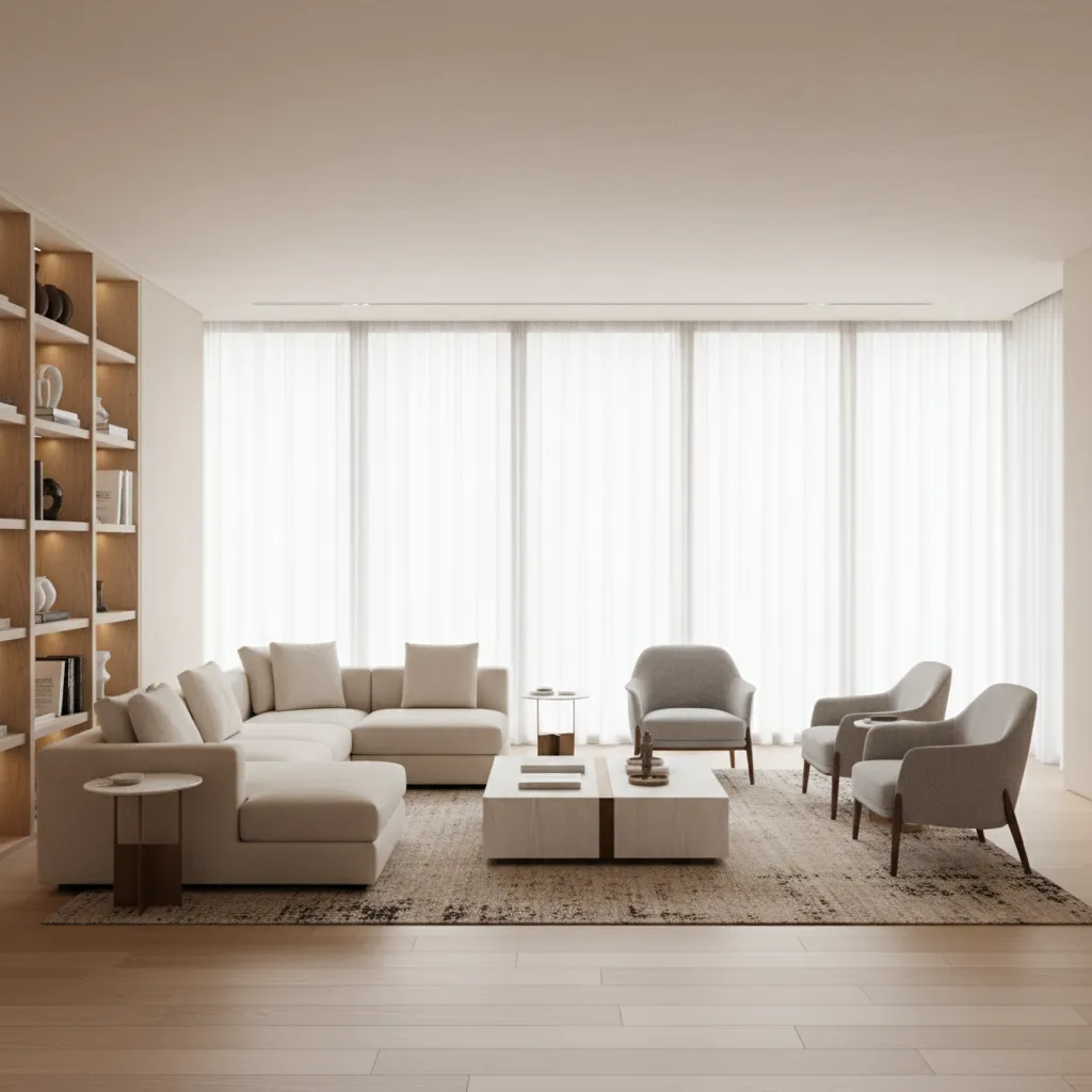 rectangular living room with centered seating arrangement and rug