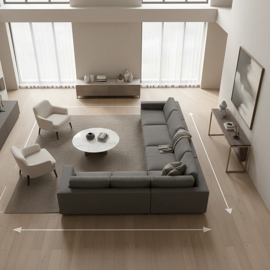 rectangular living room showing clear traffic flow paths around sofa and chairs
