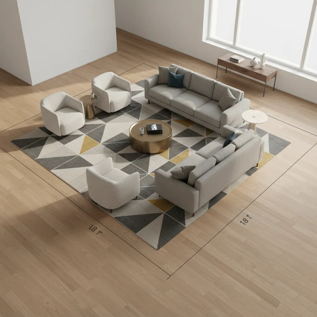 30 x 18 living room showing clear traffic flow path between furniture
