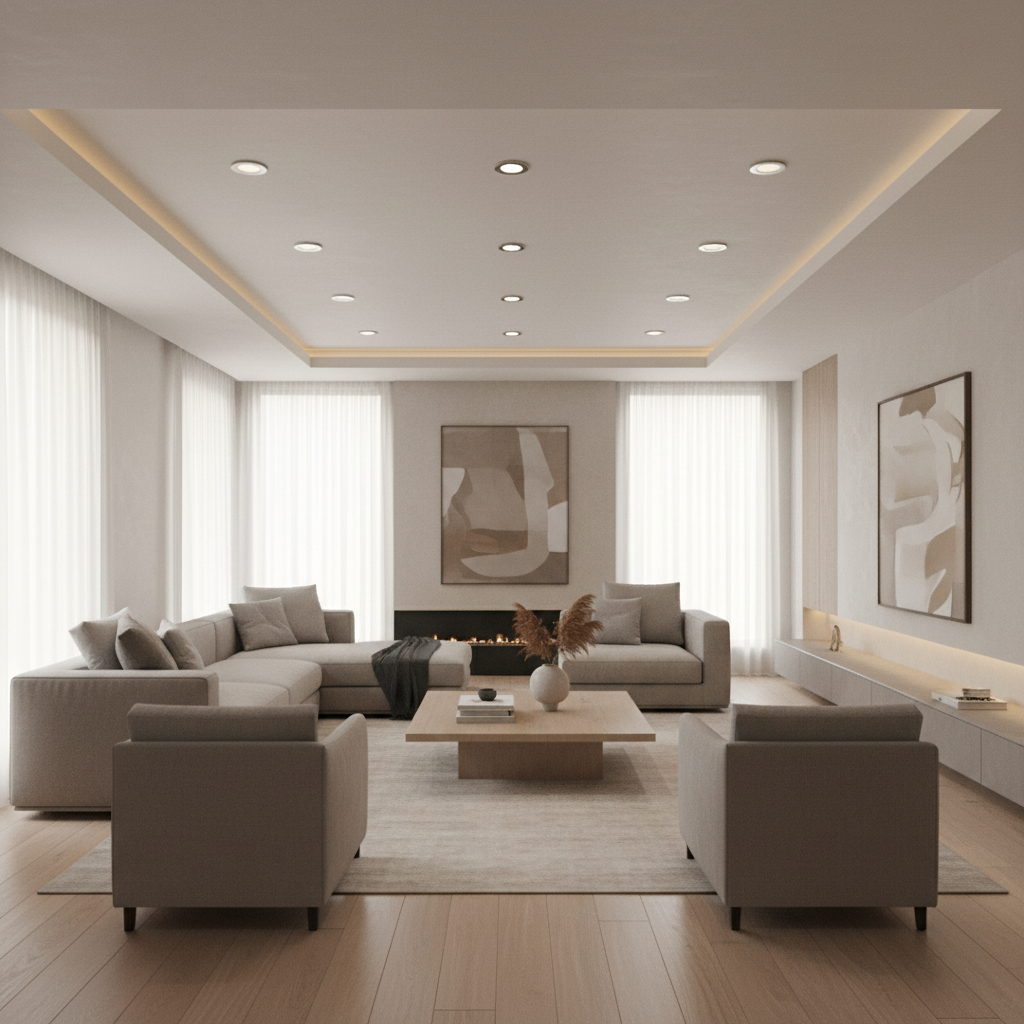 Rectangular Living Room False Ceiling to Fix Long Layout