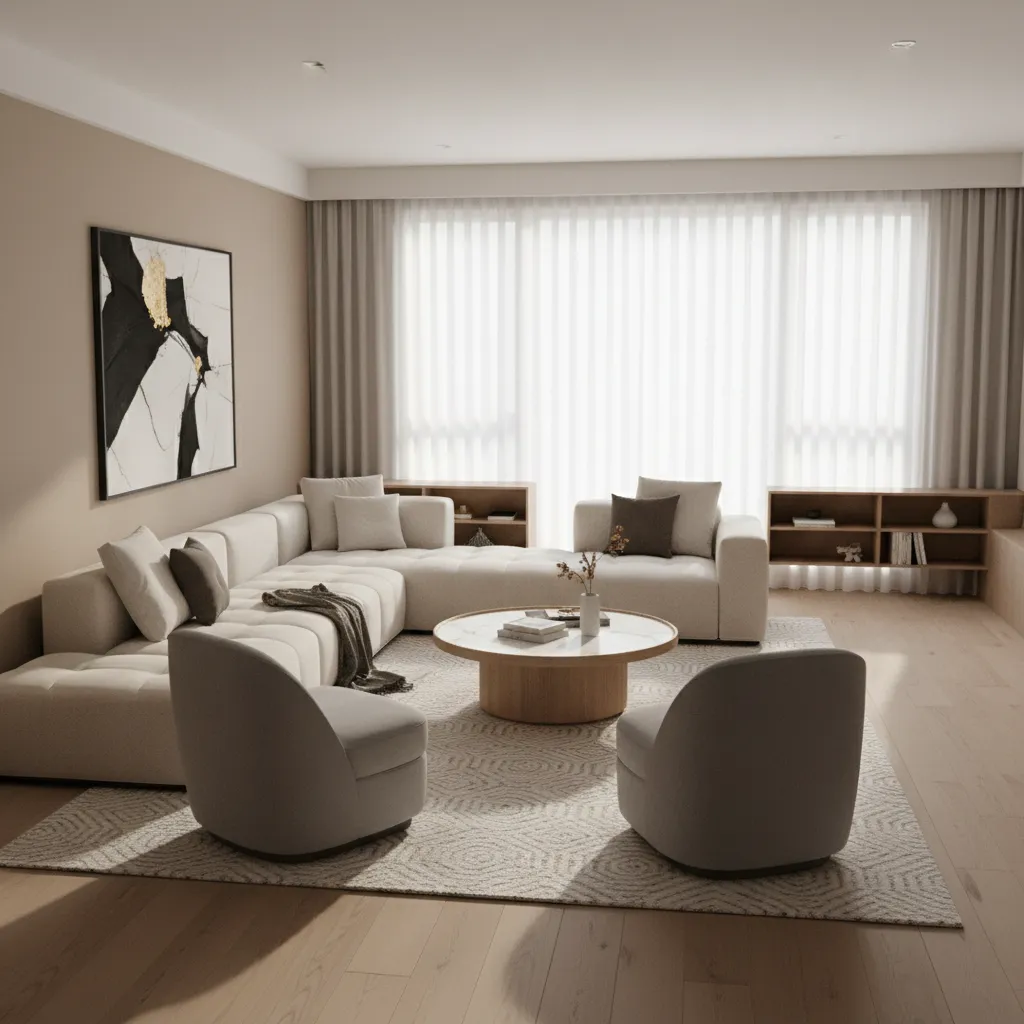 14x20 rectangular living room showing seating zone and walking path