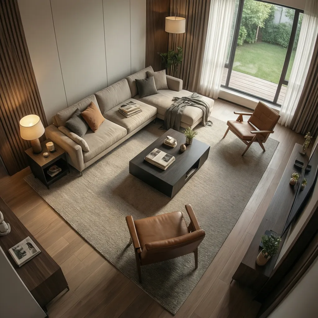 Rectangular living room divided into seating area and reading corner zones
