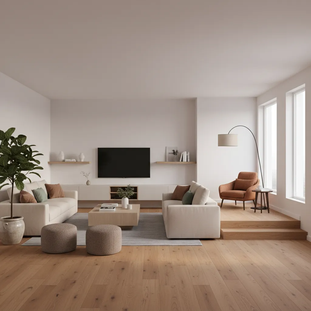 Rectangular living room divided into seating area and reading corner