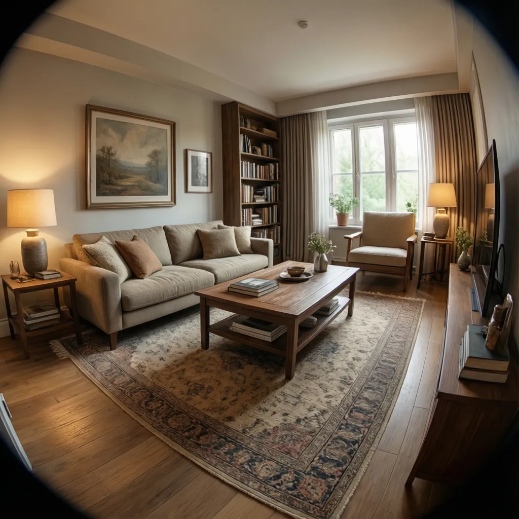 Rectangular living room divided into seating zone and reading corner